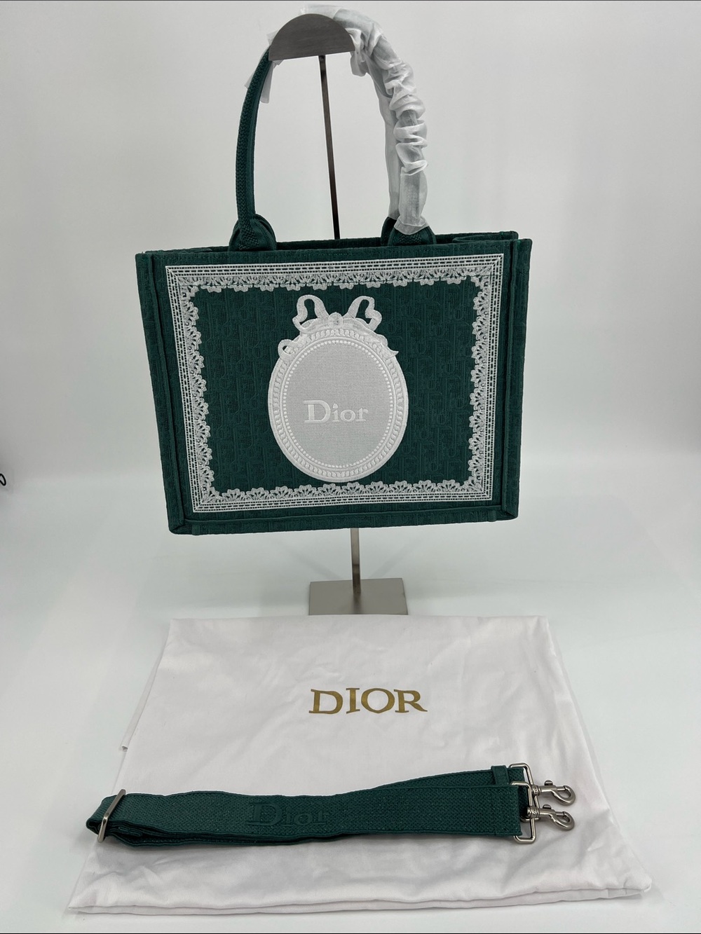 Small Canvas Dark Green and White Detail Embroidered Book Tote with Strap.